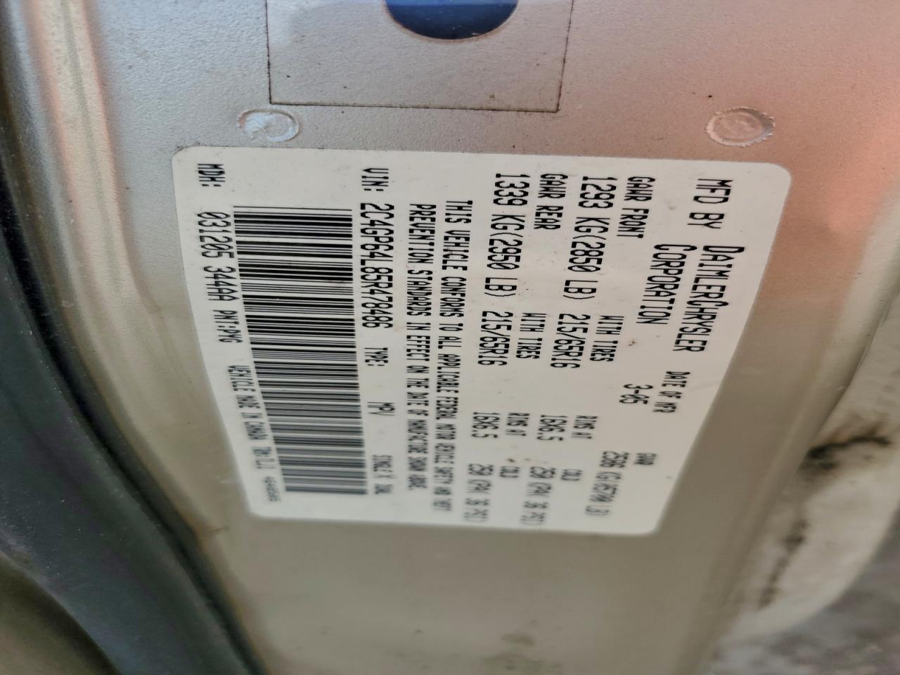 2005 Chrysler Town & Country Limited VIN: 2C4GP64L85R478486 Lot: 94542255