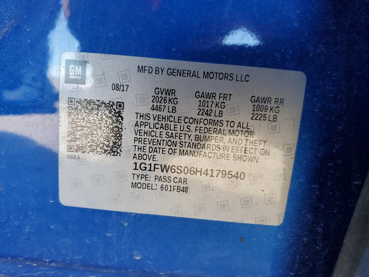 2017 Chevrolet Bolt Ev Lt VIN: 1G1FW6S06H4179540 Lot: 91687105