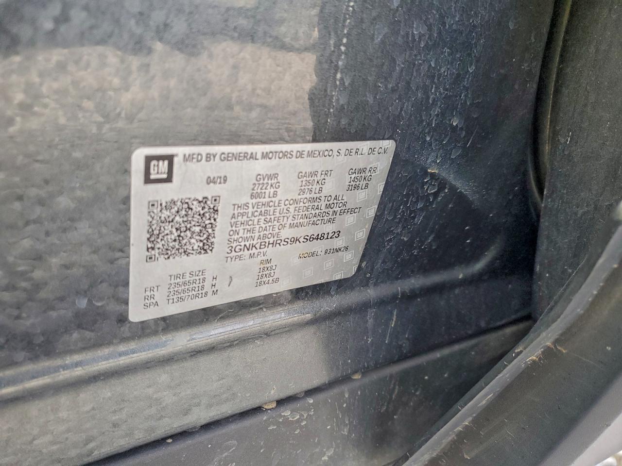 2019 Chevrolet Blazer 3Lt VIN: 3GNKBHRS9KS648123 Lot: 93265905