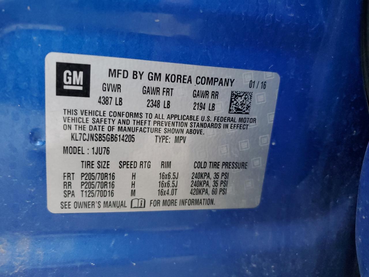 2016 Chevrolet Trax Ls VIN: KL7CJNSB5GB614205 Lot: 91369775