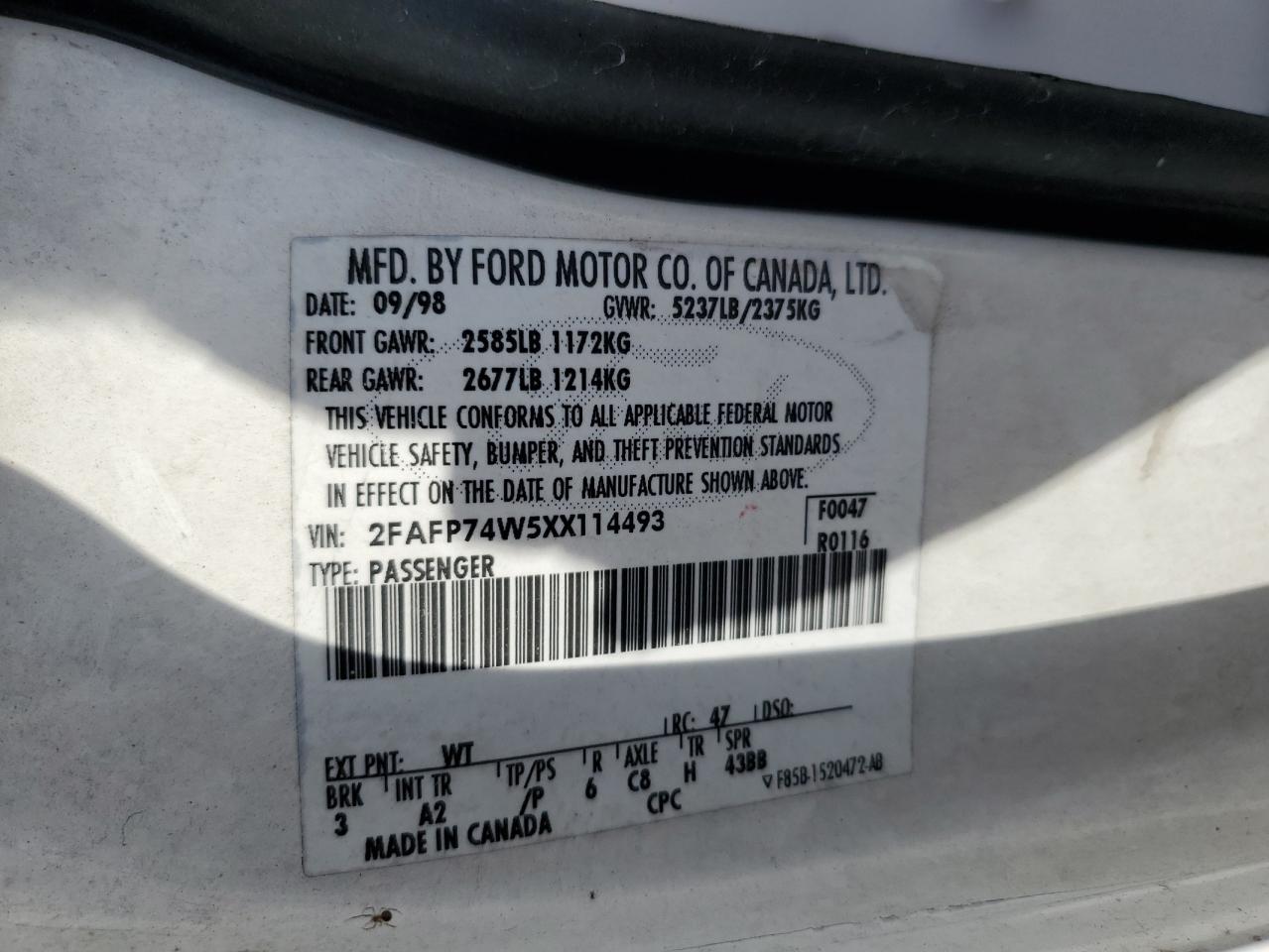 1999 Ford Crown Victoria Lx VIN: 2FAFP74W5XX114493 Lot: 91088365