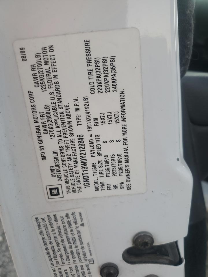 2000 Chevrolet Blazer VIN: 1GNDT13W0Y2129846 Lot: 92585735