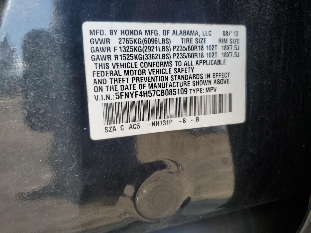 2012 Honda Pilot Exl VIN: 5FNYF4H57CB085109 Lot: 92440255