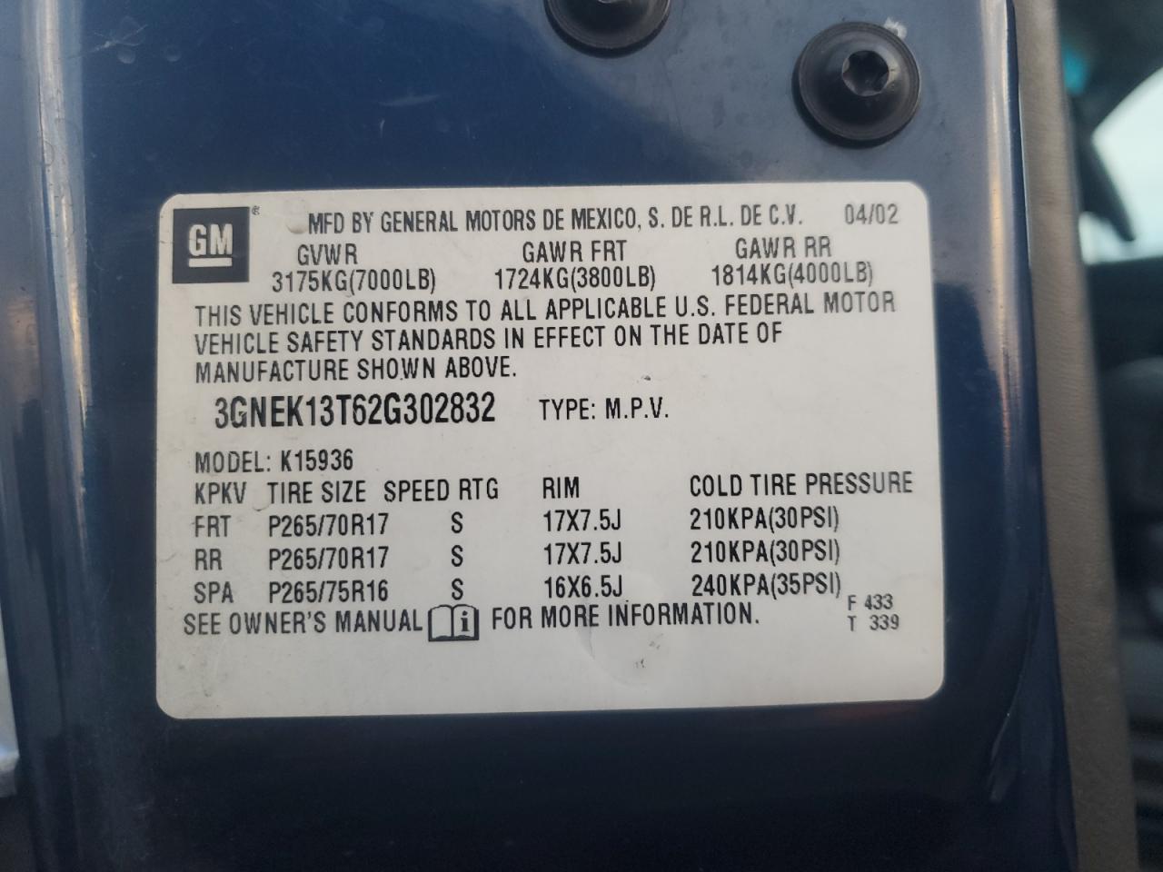 2002 Chevrolet Avalanche K1500 VIN: 3GNEK13T62G302832 Lot: 85435175