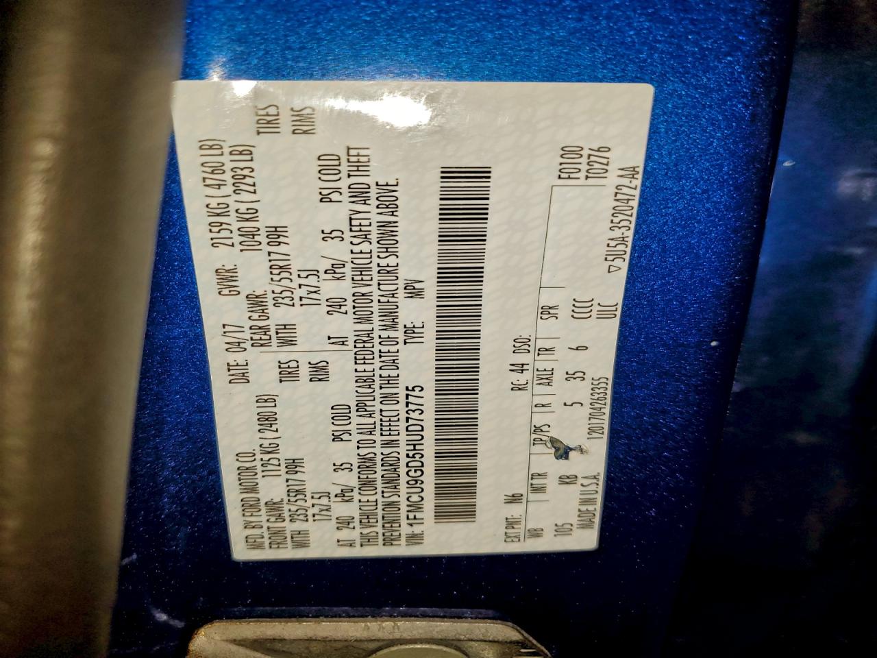 2017 Ford Escape Se VIN: 1FMCU9GD5HUD73775 Lot: 93731385