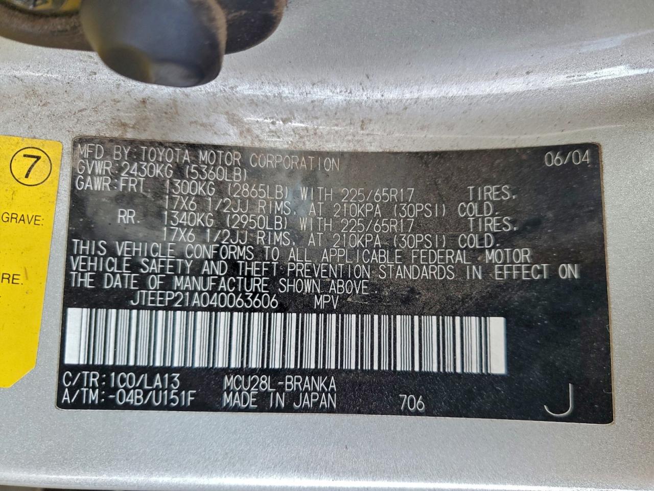 2004 Toyota Highlander VIN: JTEEP21A040063606 Lot: 93333205