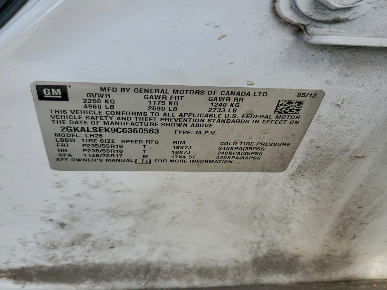 2012 GMC Terrain Sle VIN: 2GKALSEK9C6360563 Lot: 94073915