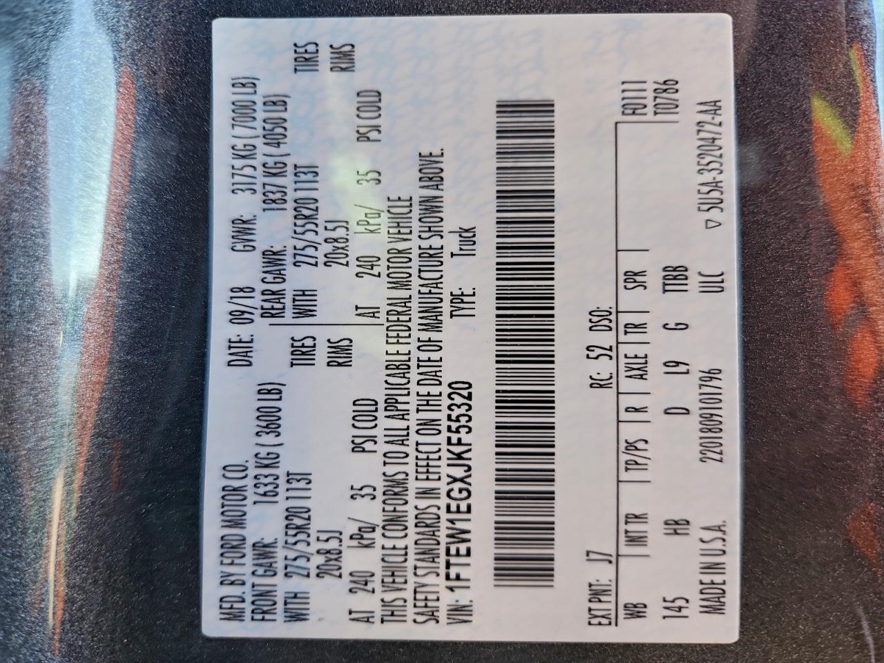 2018 Ford F150 Supercrew VIN: 1FTEW1EGXJKF55320 Lot: 93684705