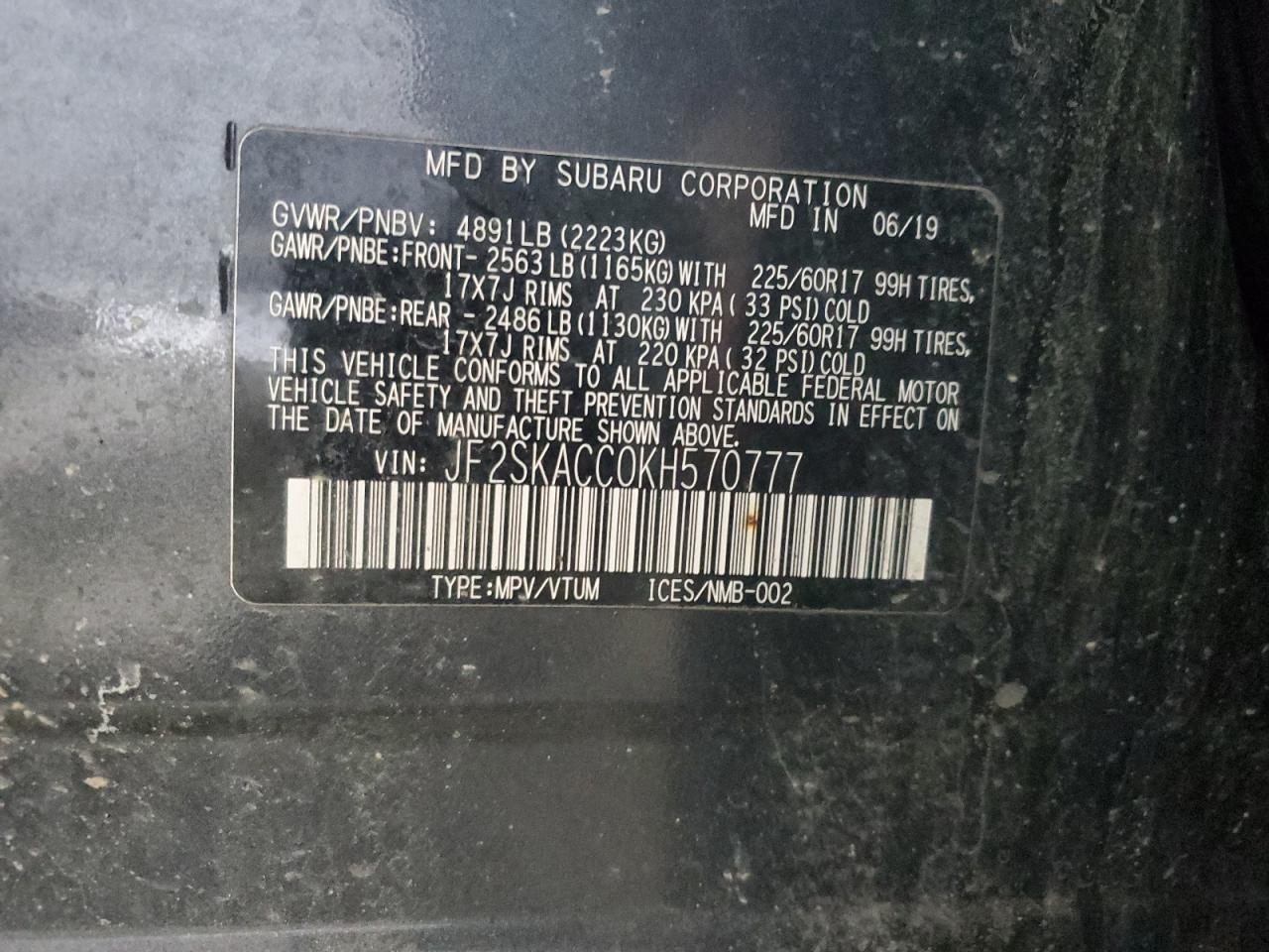 2019 Subaru Forester VIN: JF2SKACC0KH570777 Lot: 92611075