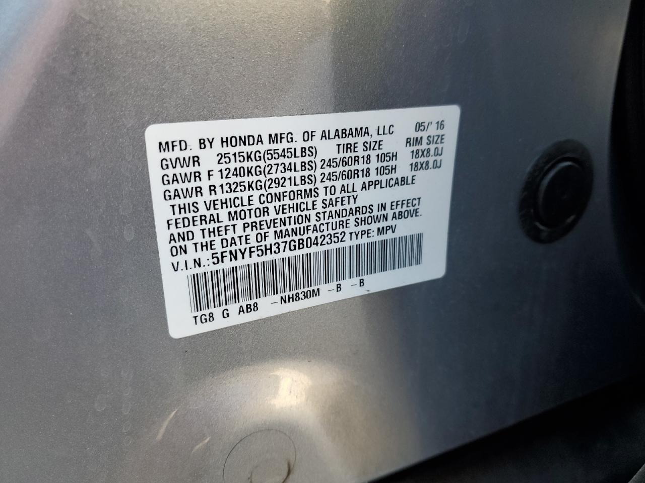 2016 Honda Pilot Ex VIN: 5FNYF5H37GB042352 Lot: 91091155