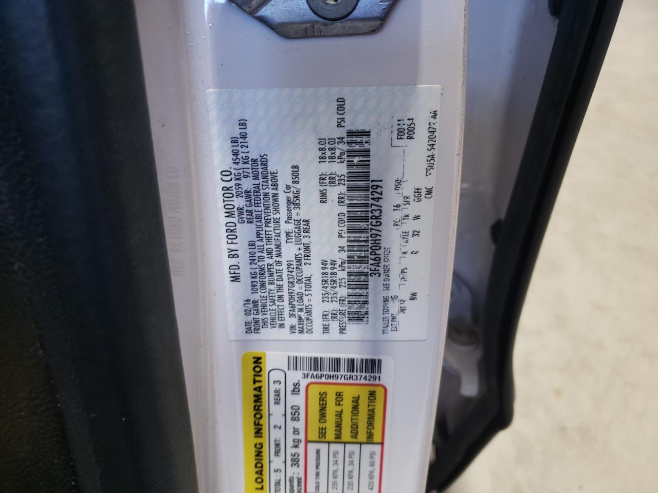 2016 Ford Fusion Se VIN: 3FA6P0H97GR374291 Lot: 90574625