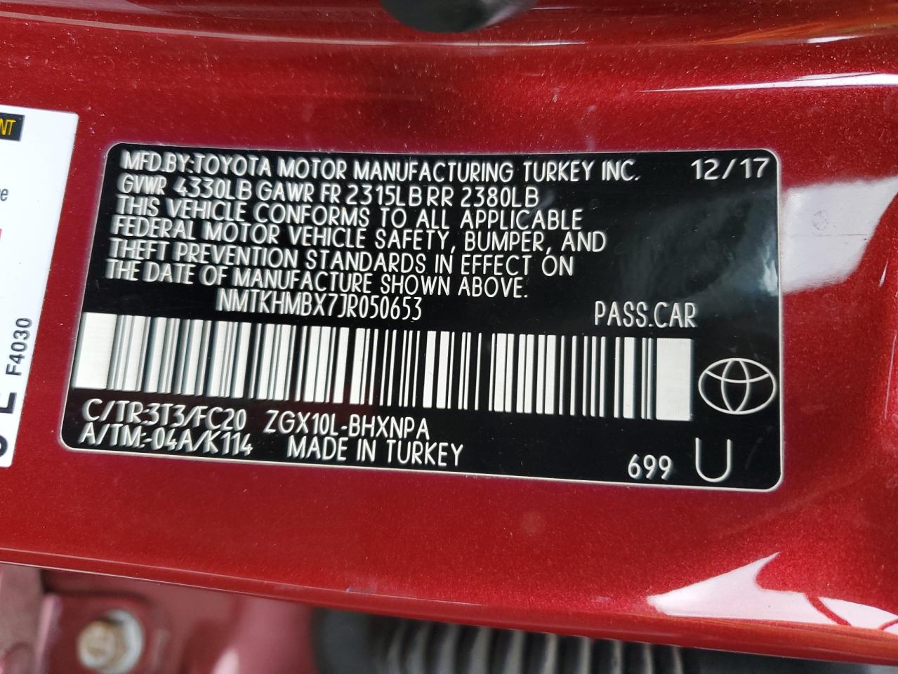 2018 Toyota C-Hr Xle VIN: NMTKHMBX7JR050653 Lot: 92807325