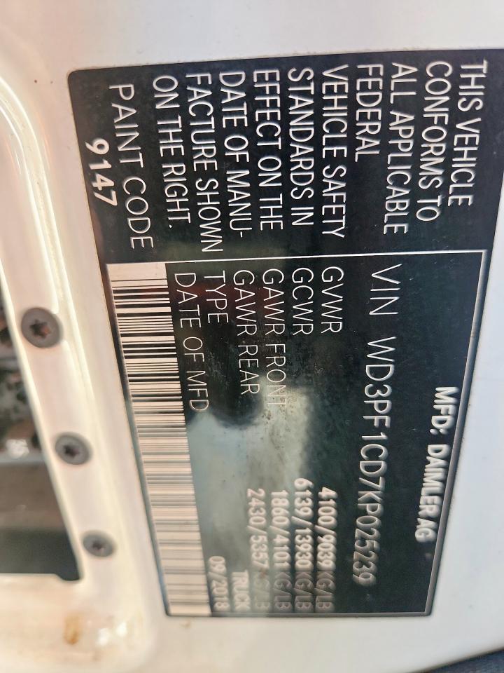 2019 Mercedes Benz Sprinter 2500 Delivery Van VIN: WD3PF1CD7KP025239 Lot: 90699695