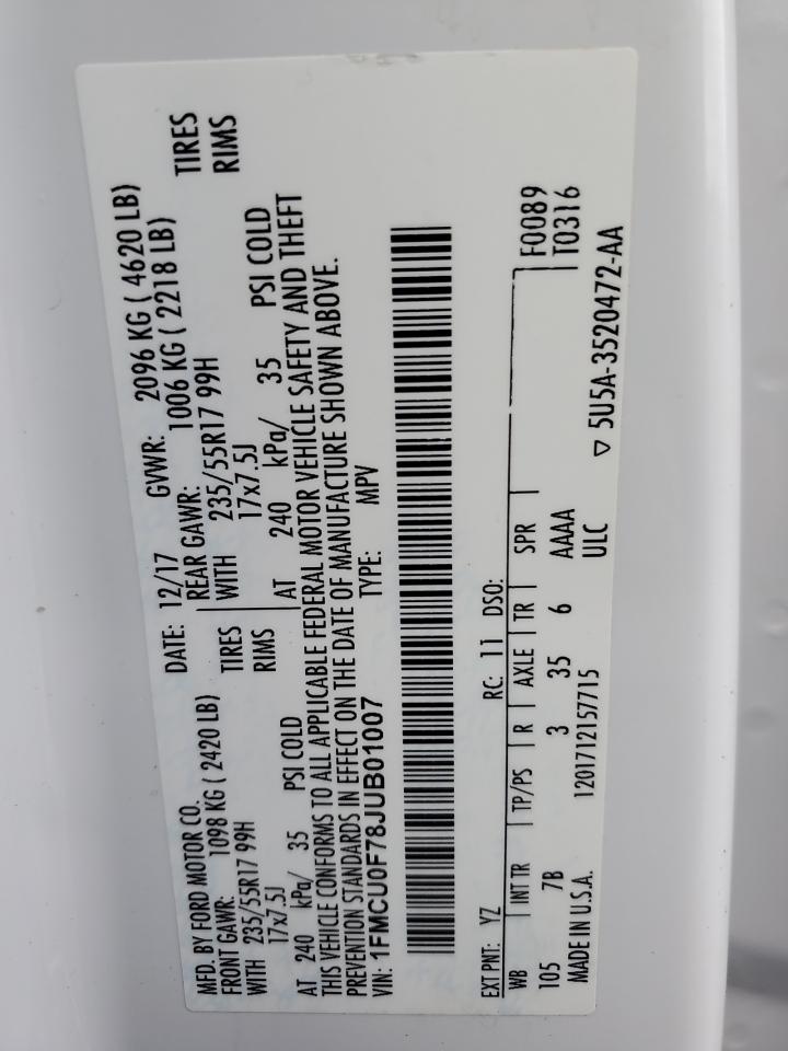 2018 Ford Escape S VIN: 1FMCU0F78JUB01007 Lot: 90908315