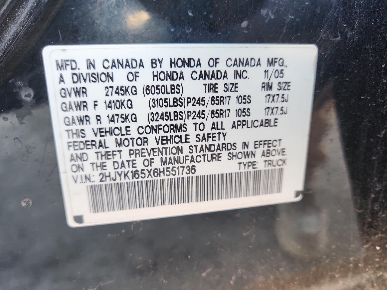 2006 Honda Ridgeline Rtl VIN: 2HJYK165X6H551736 Lot: 92605755