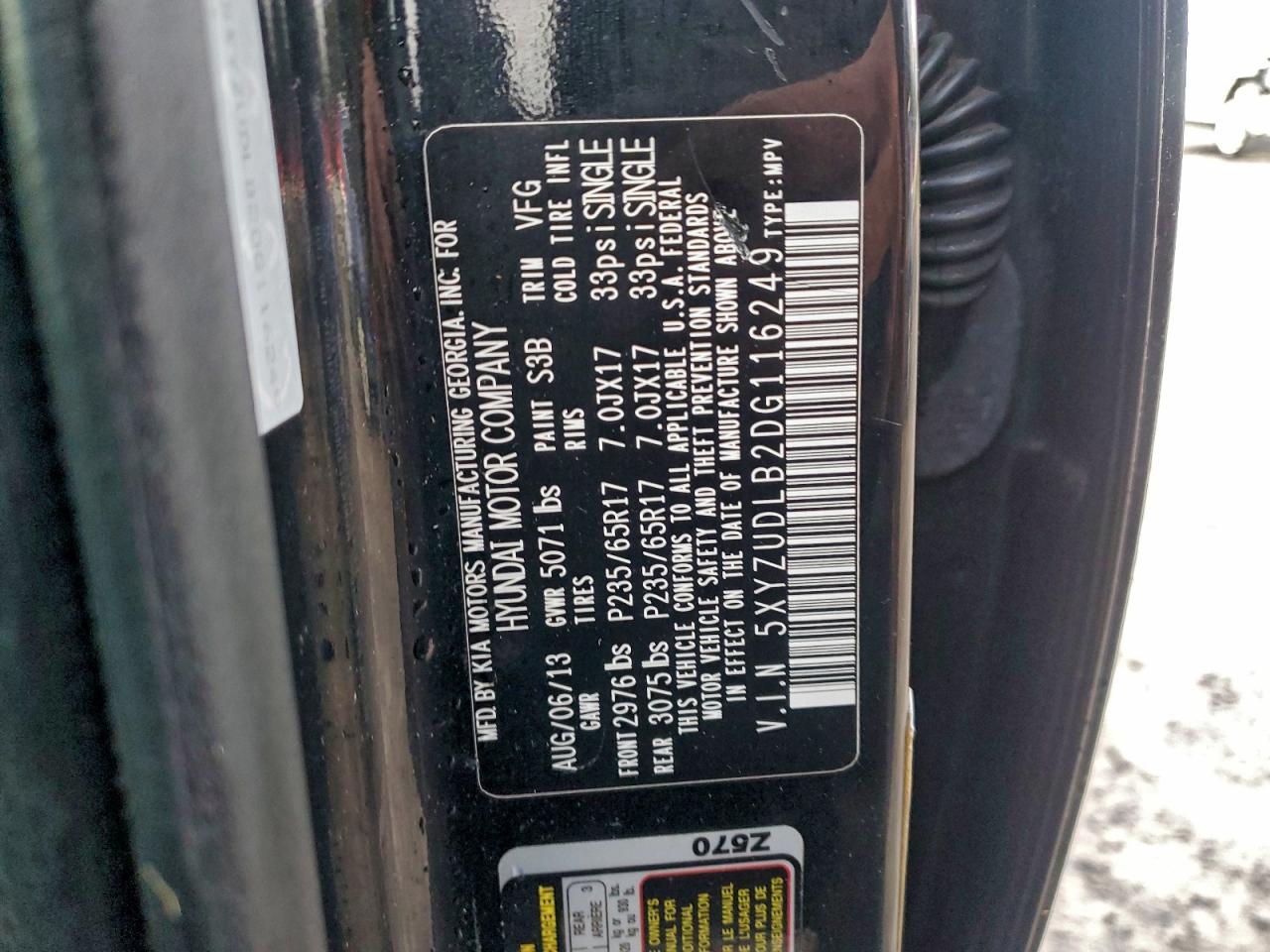 2013 Hyundai Santa Fe Sport VIN: 5XYZUDLB2DG116249 Lot: 94489645