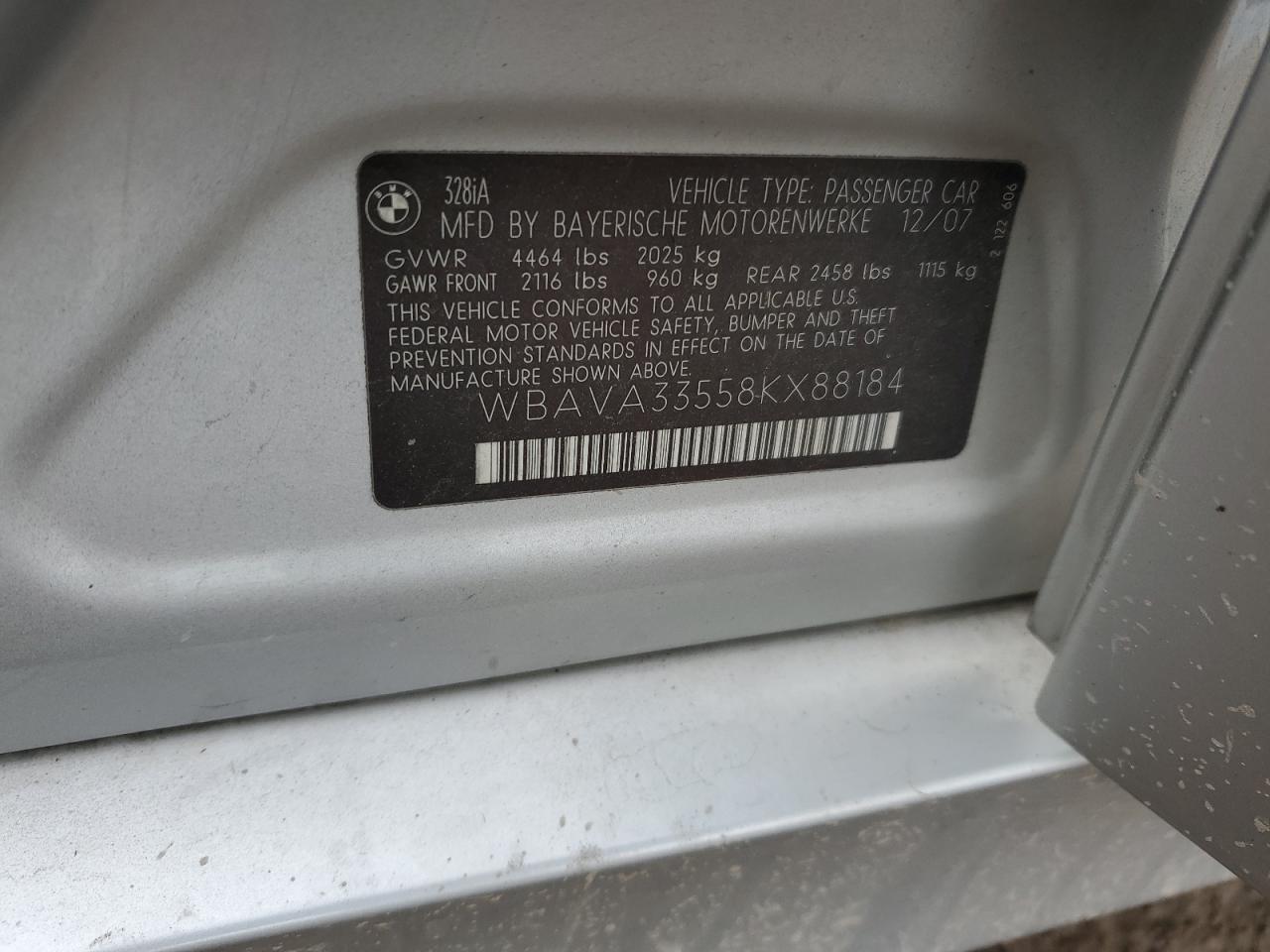 2008 BMW 328 I VIN: WBAVA33558KX88184 Lot: 93569195