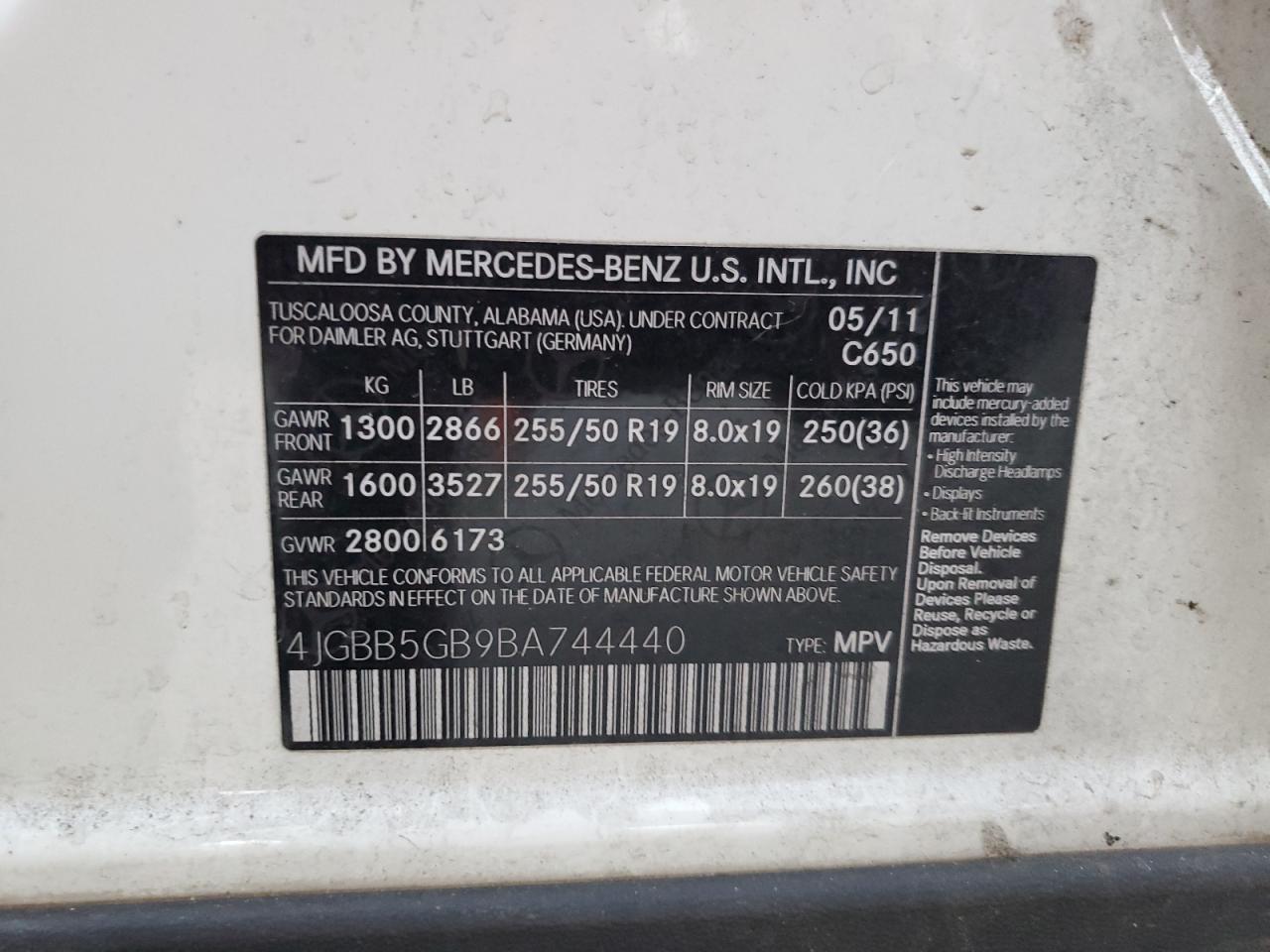 2011 Mercedes-Benz Ml 350 VIN: 4JGBB5GB9BA744440 Lot: 92653105