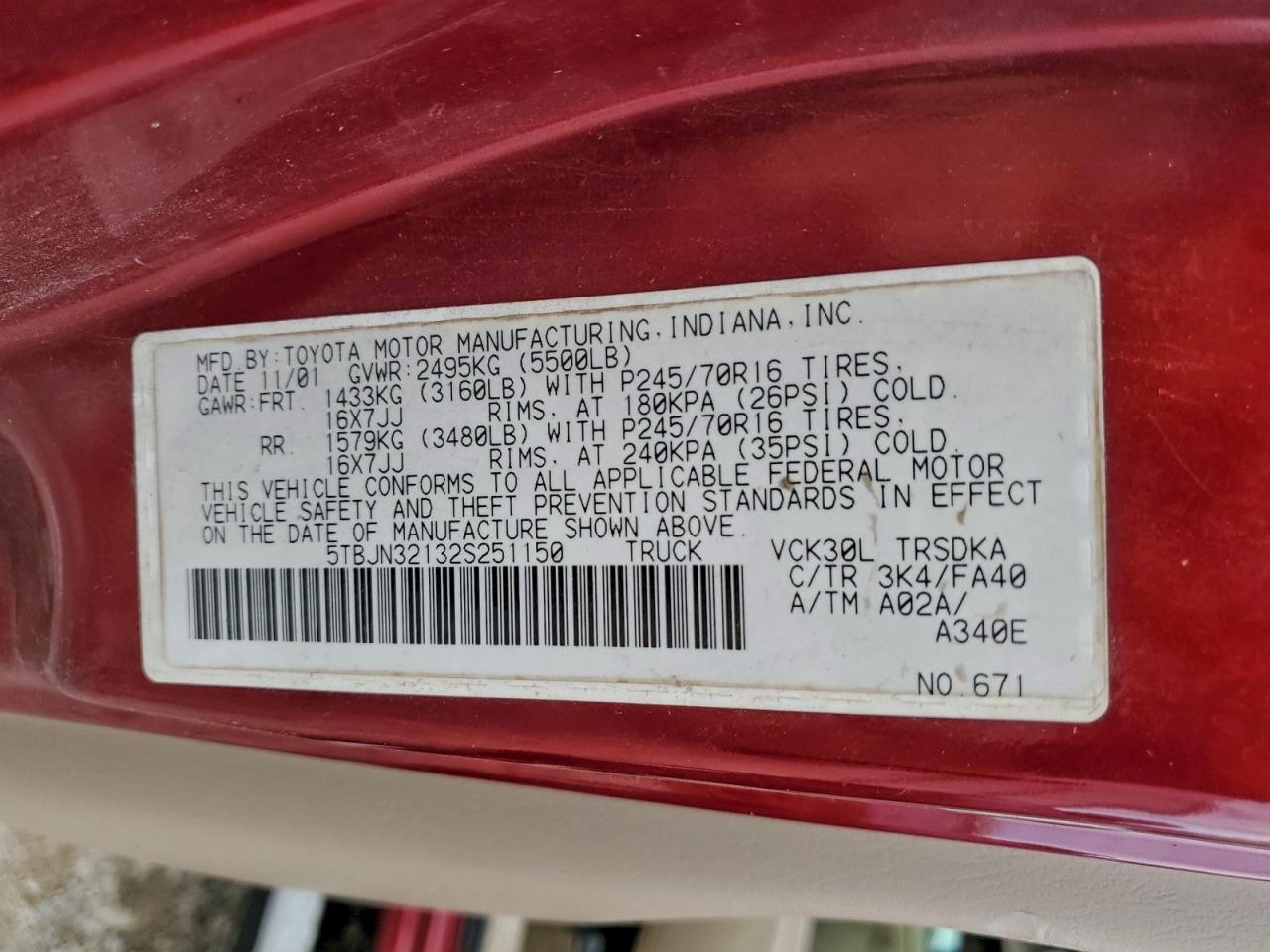 2002 Toyota Tundra VIN: 5TBJN32132S251150 Lot: 93859645
