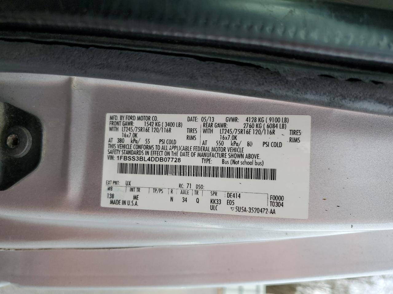 2013 Ford Econoline E350 Super Duty Wagon VIN: 1FBSS3BL4DDB07728 Lot: 93113265