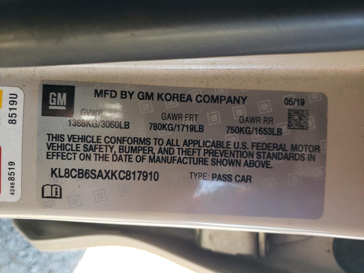 2019 Chevrolet Spark Ls VIN: KL8CB6SAXKC817910 Lot: 91120695