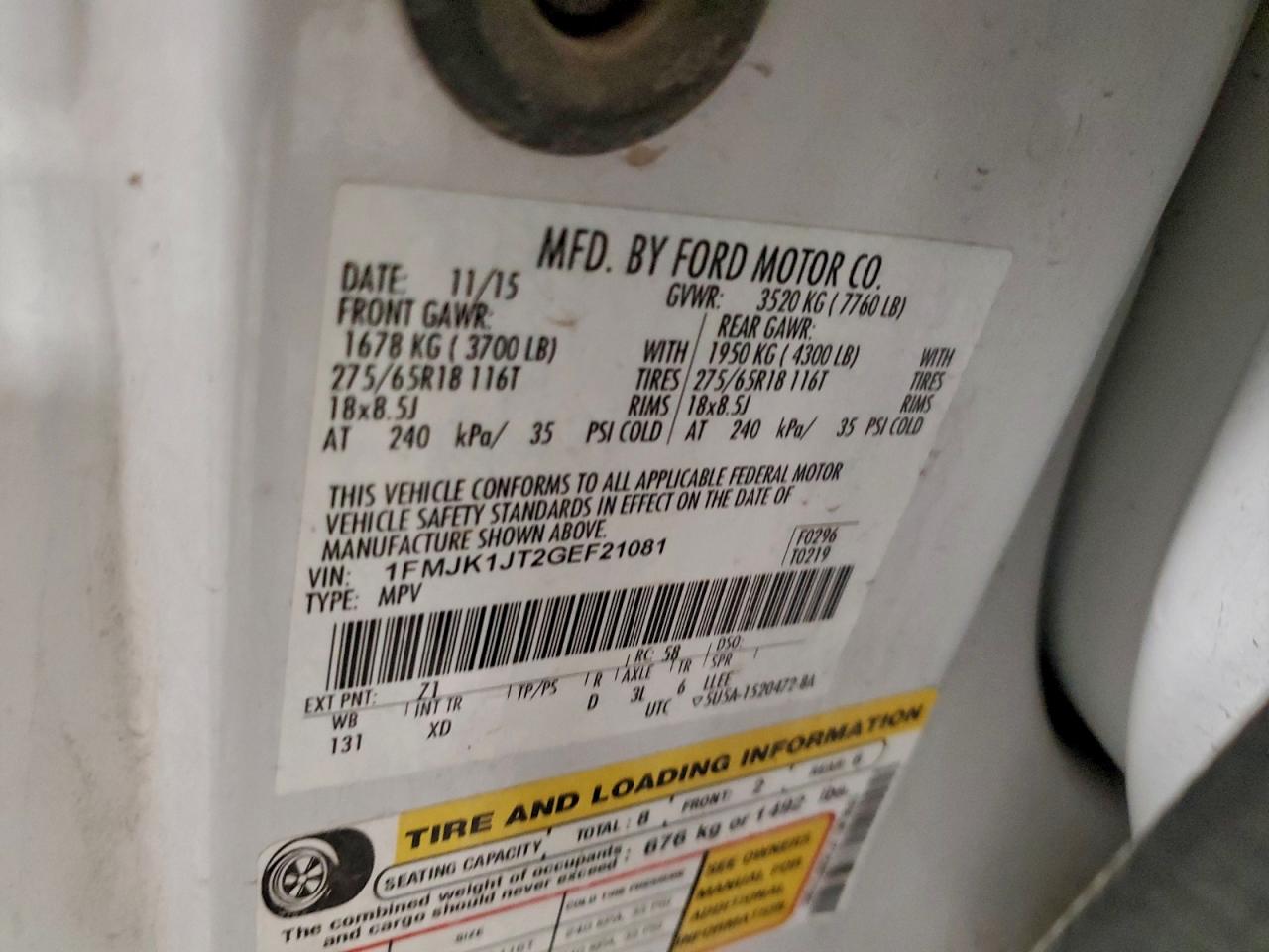 2016 Ford Expedition El Xlt VIN: 1FMJK1JT2GEF21081 Lot: 93233175