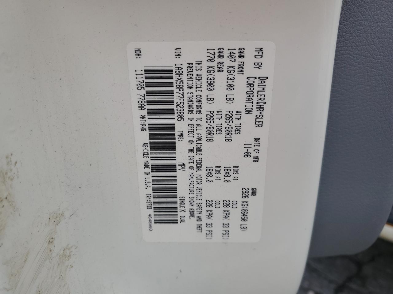 2007 Chrysler Aspen Limited VIN: 1A8HX58P77F523805 Lot: 93076605