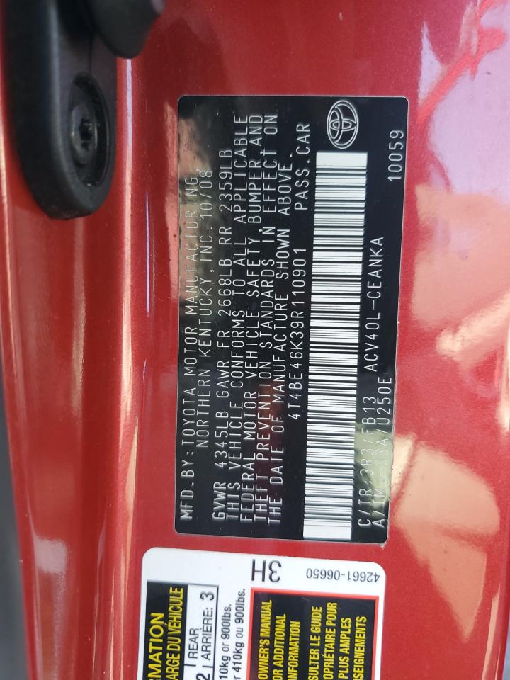 2009 Toyota Camry Base VIN: 4T4BE46K39R110901 Lot: 91426165