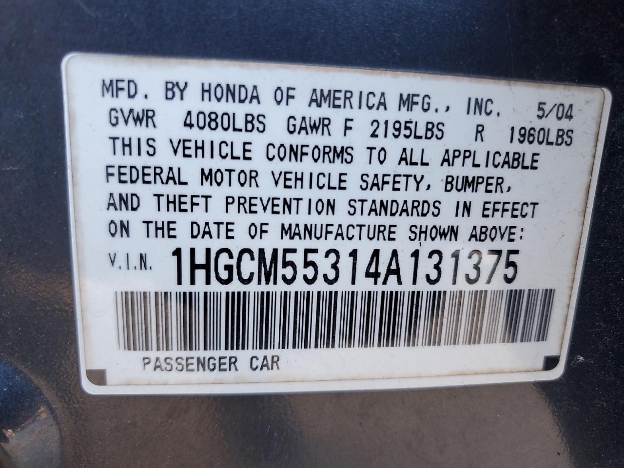 2004 Honda Accord Lx VIN: 1HGCM55314A131375 Lot: 93533395