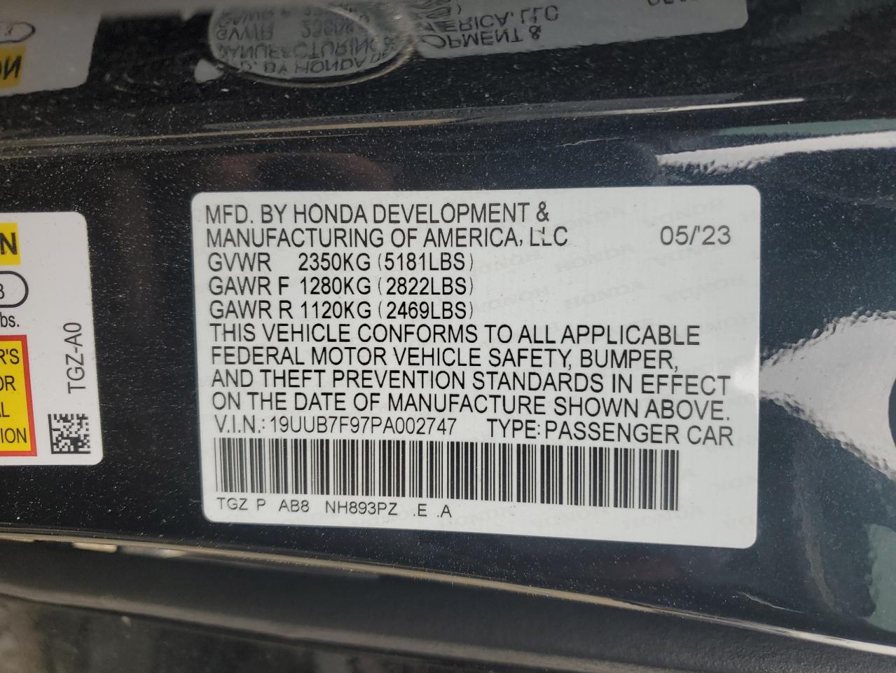 2023 Acura Tlx Type S VIN: 19UUB7F97PA002747 Lot: 90857075