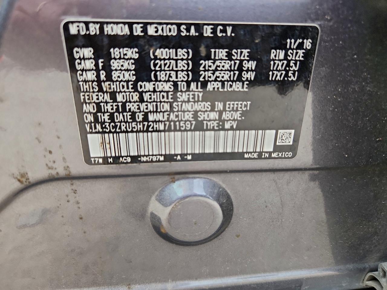 2017 Honda Hr-V Exl VIN: 3CZRU5H72HM711597 Lot: 93662545