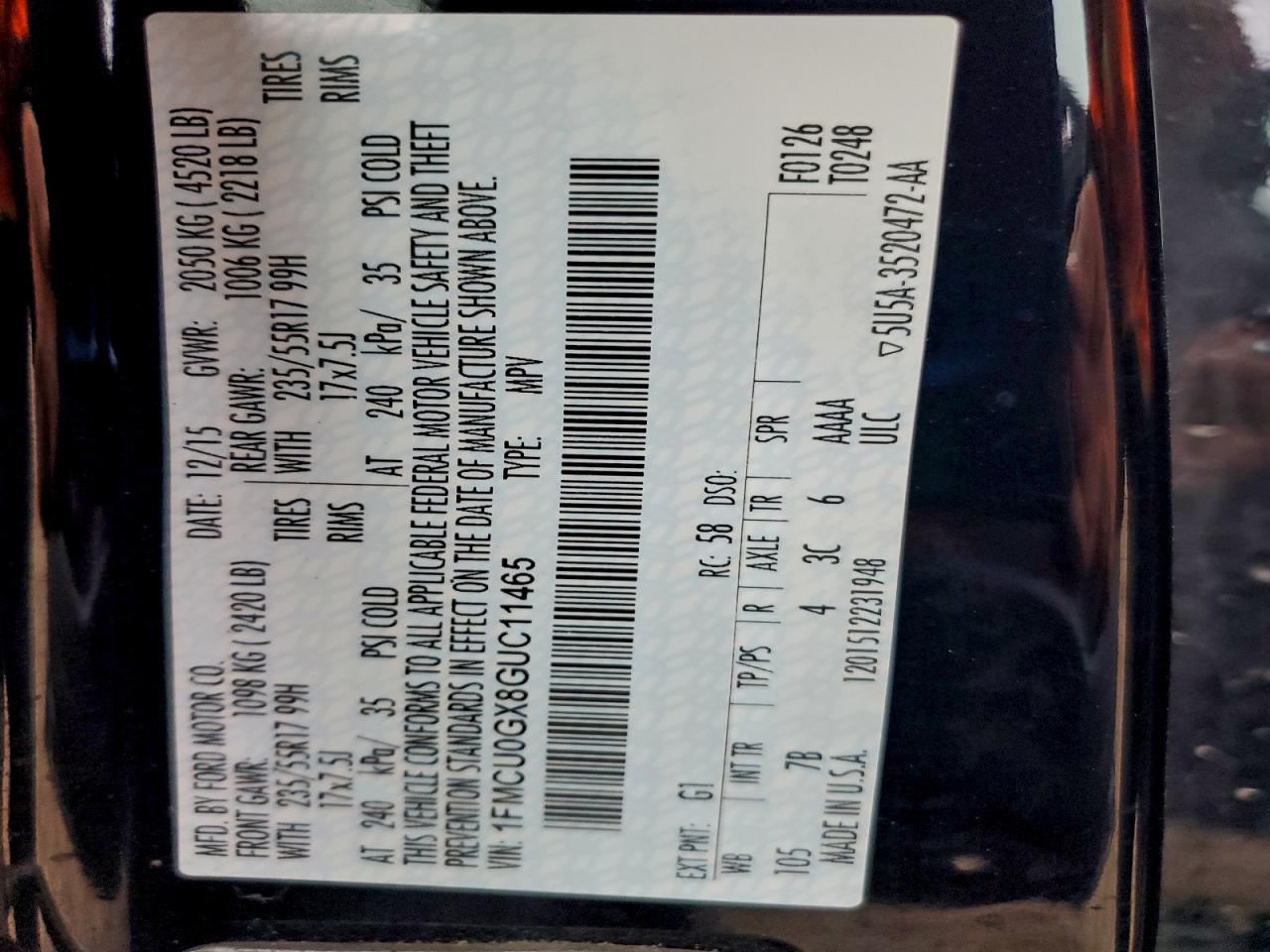 2016 Ford Escape Se VIN: 1FMCU0GX8GUC11465 Lot: 93867205