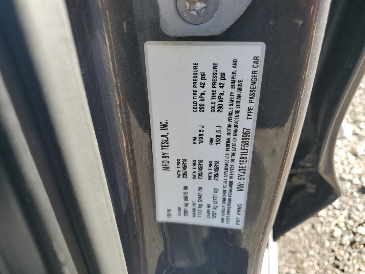 2020 Tesla Model 3 VIN: 5YJ3E1EB1LF589967 Lot: 91048015