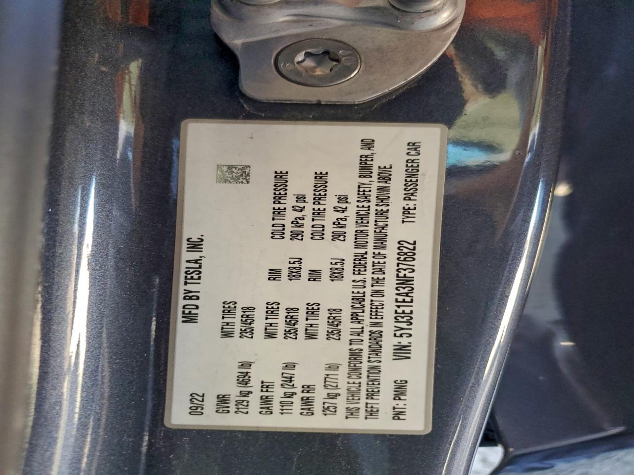 2022 Tesla Model 3 VIN: 5YJ3E1EA3NF376822 Lot: 93944405