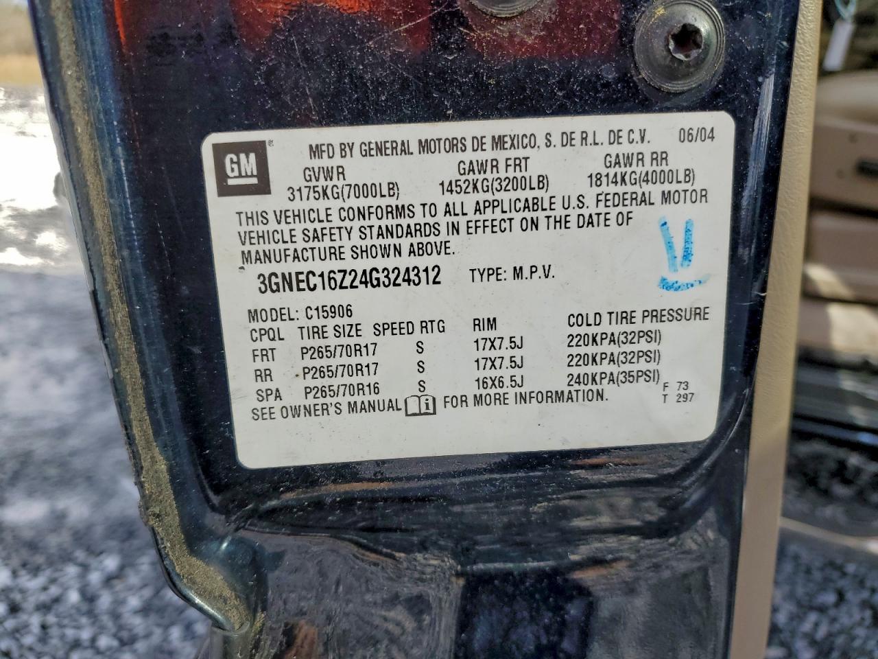 2004 Chevrolet Suburban C1500 VIN: 3GNEC16Z24G324312 Lot: 94746875