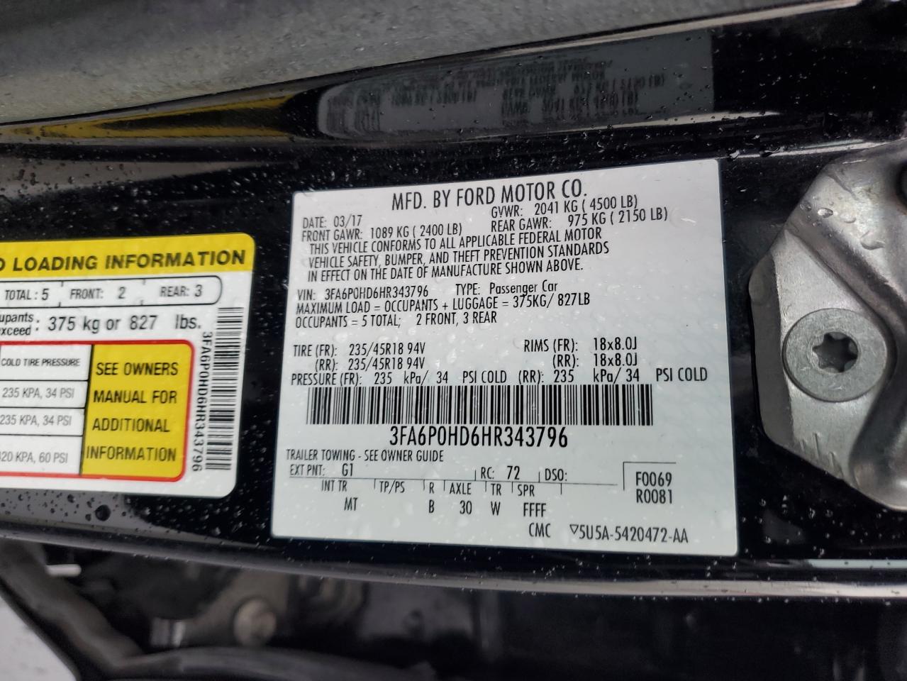 2017 Ford Fusion Se VIN: 3FA6P0HD6HR343796 Lot: 92839105