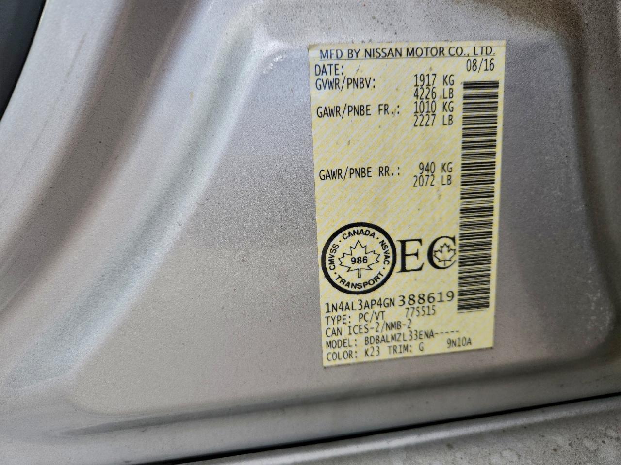 2016 Nissan Altima 2.5 VIN: 1N4AL3AP4GN388619 Lot: 93942785