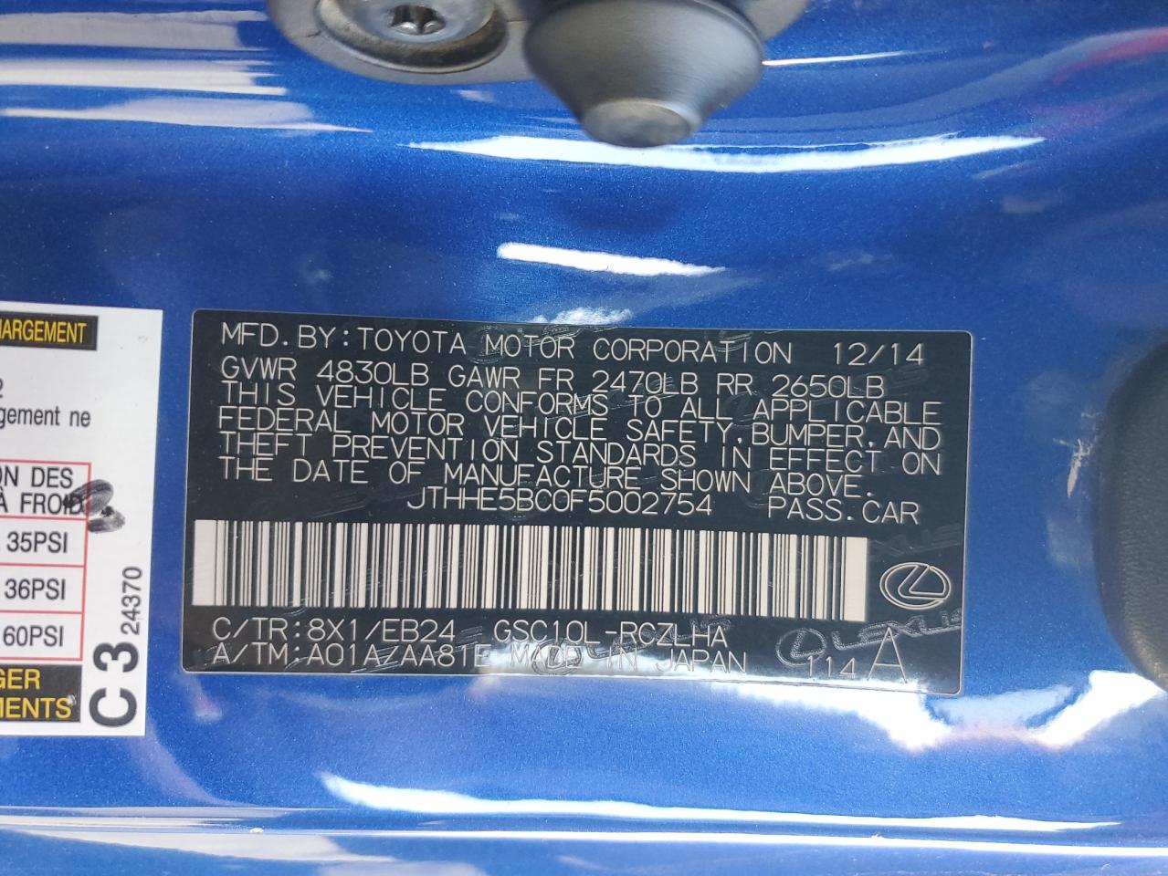 2015 Lexus Rc 350 VIN: JTHHE5BC0F5002754 Lot: 91313425