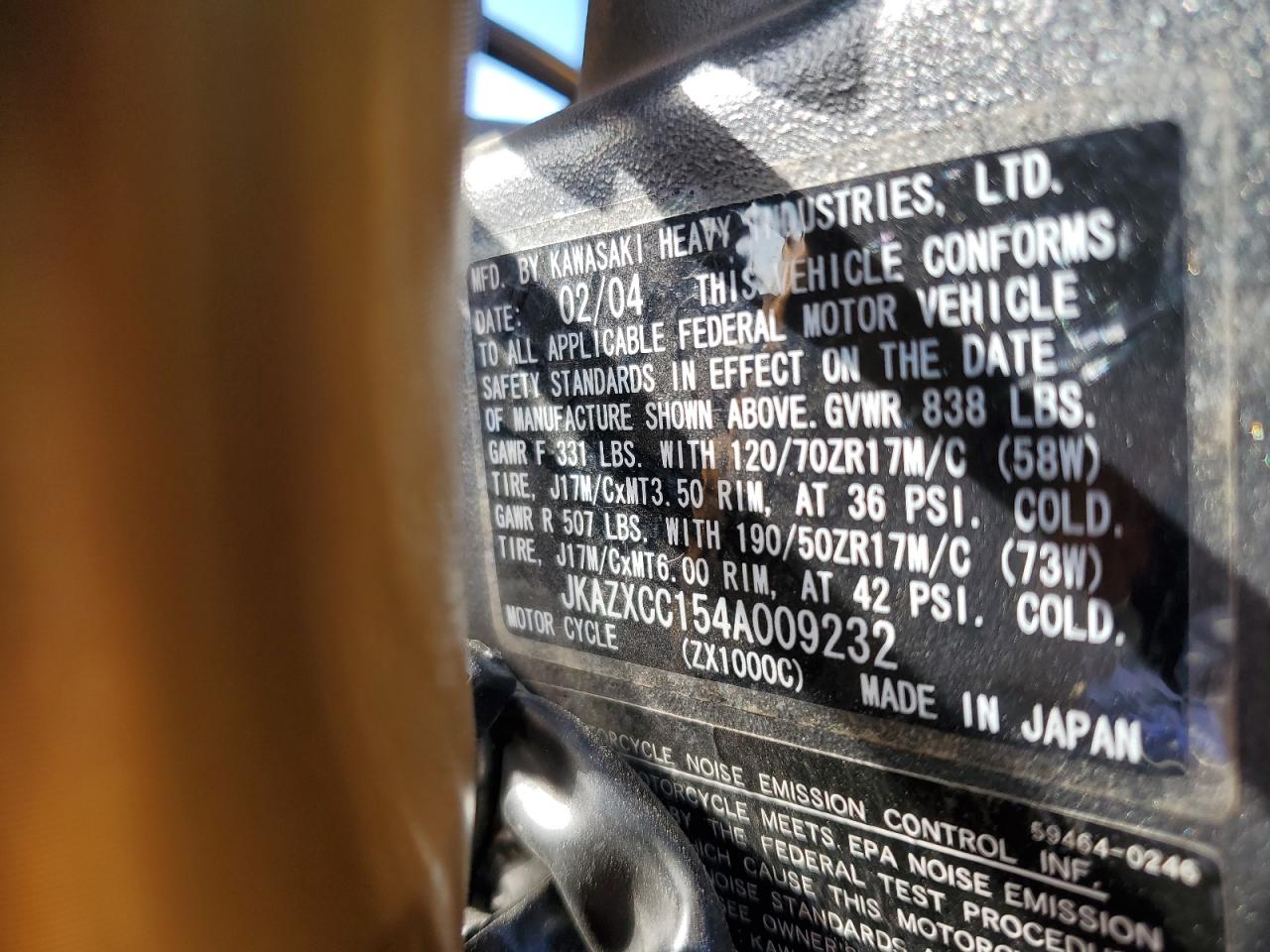 2004 Kawasaki Ninja Zx 10R VIN: JKAZXCC154A009232 Lot: 90623405