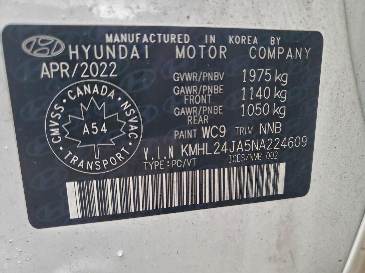 2022 Hyundai Sonata Se VIN: KMHL24JA5NA224609 Lot: 94627765