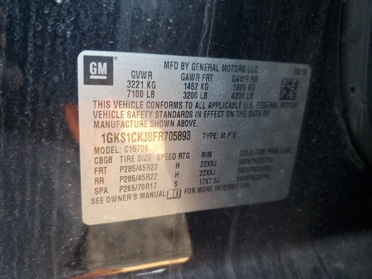 2015 GMC Yukon Denali VIN: 1GKS1CKJ8FR705893 Lot: 92715185