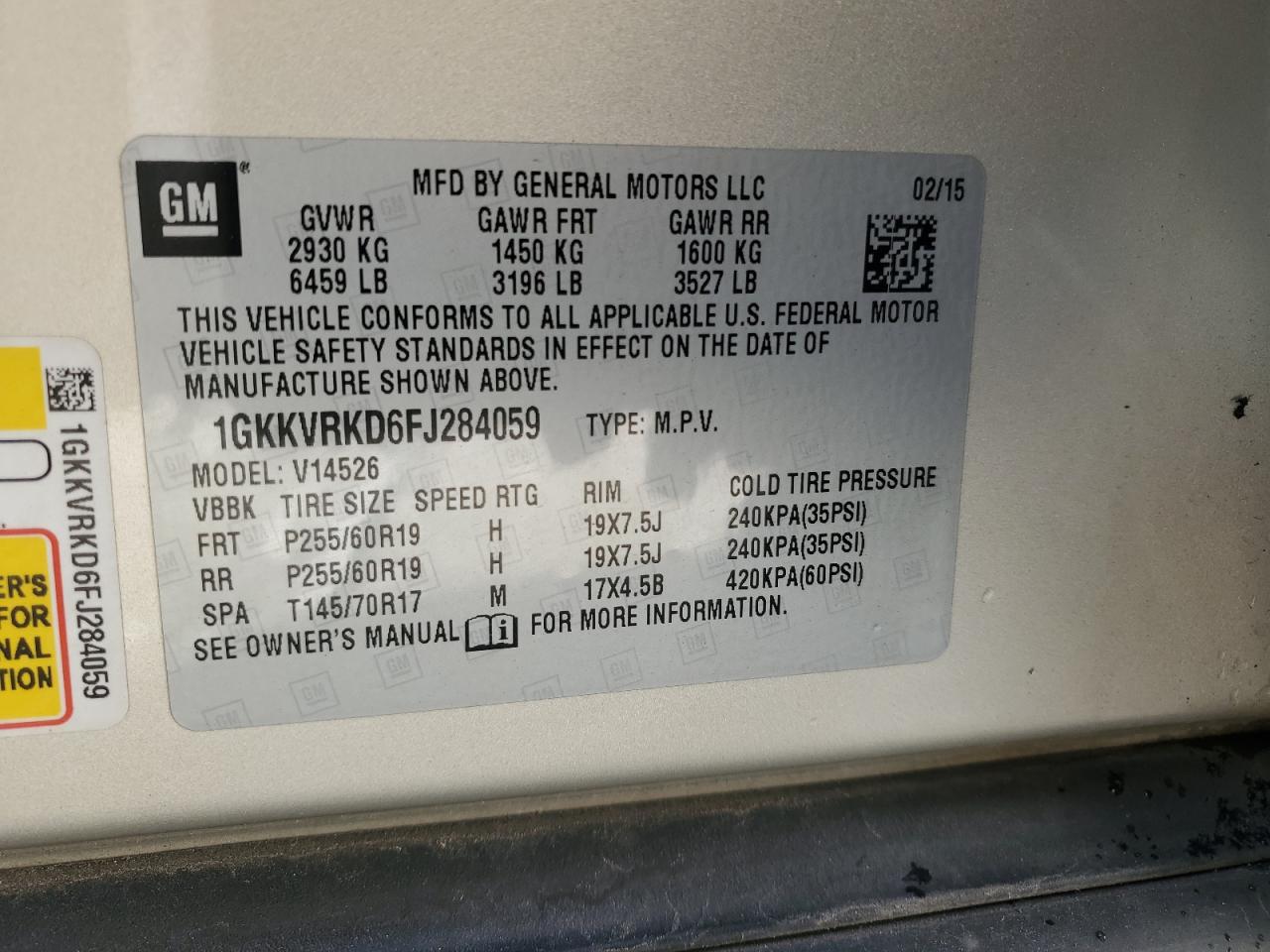 2015 GMC Acadia Slt-1 VIN: 1GKKVRKD6FJ284059 Lot: 93025685