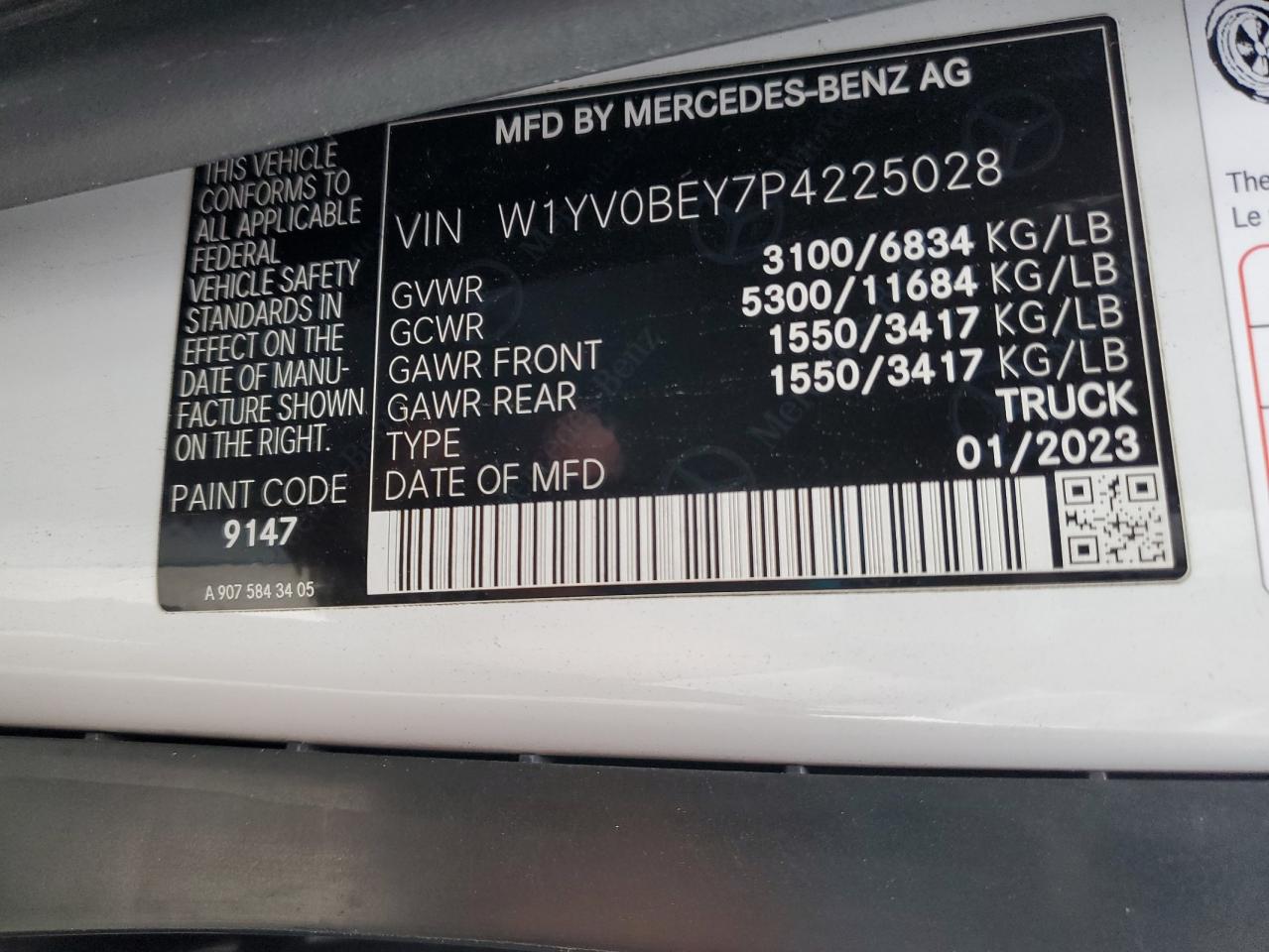 2023 Mercedes Benz Metris Utility / Service Van VIN: W1YV0BEY7P4225028 Lot: 93934955