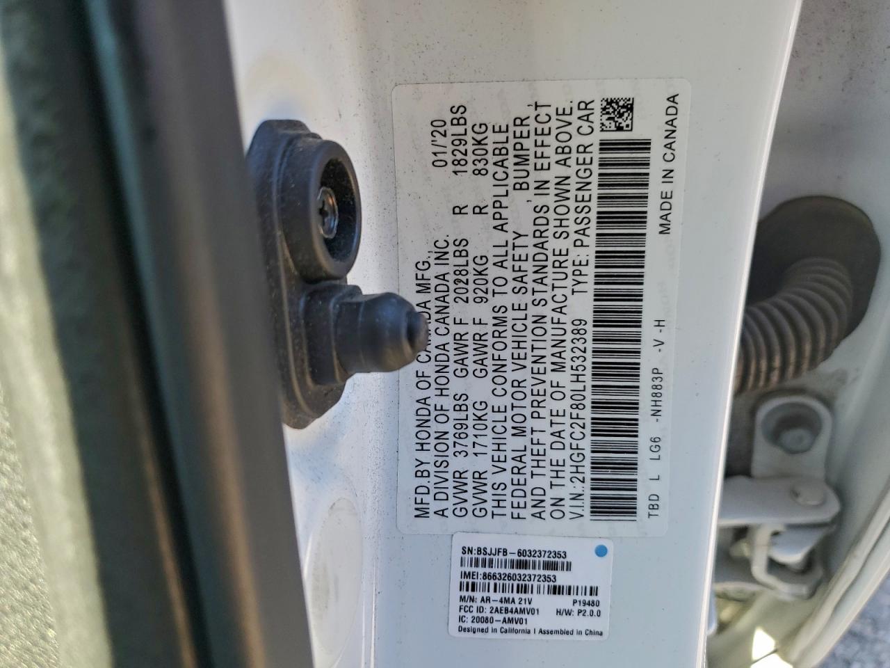 2020 Honda Civic Sport VIN: 2HGFC2F80LH532389 Lot: 94269835