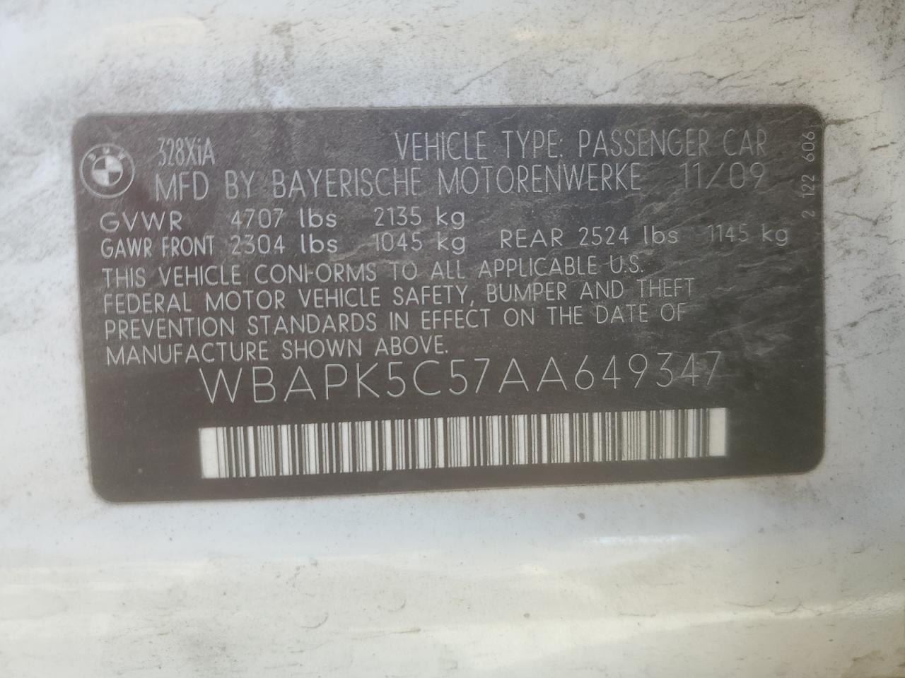 2010 BMW 328 Xi Sulev VIN: WBAPK5C57AA649347 Lot: 93452985