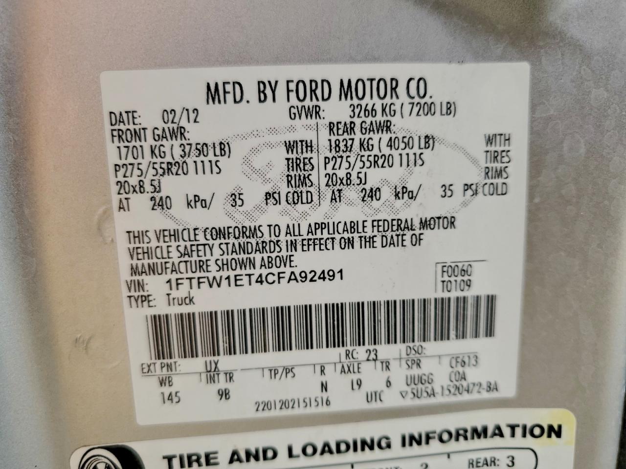 2012 Ford F150 Supercrew VIN: 1FTFW1ET4CFA92491 Lot: 94256275