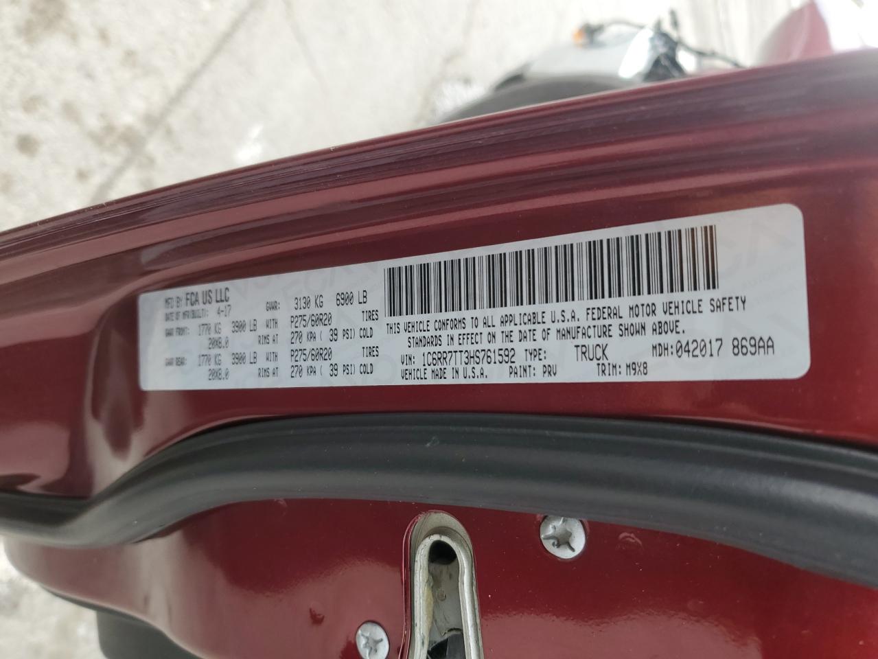 2017 Ram 1500 Slt VIN: 1C6RR7TT3HS761592 Lot: 92484365