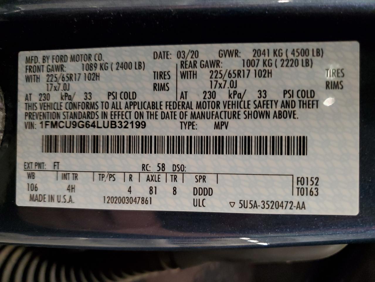 2020 Ford Escape Se VIN: 1FMCU9G64LUB32199 Lot: 92393885