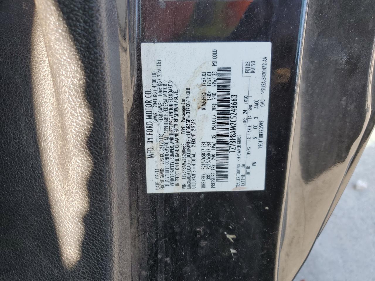 2012 Ford Mustang VIN: 1ZVBP8AM2C5248663 Lot: 93126645