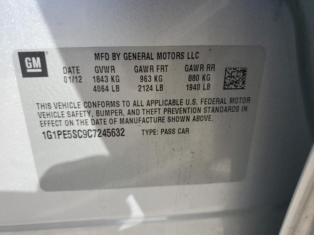 2012 Chevrolet Cruze Lt VIN: 1G1PE5SC9C7245632 Lot: 91435345